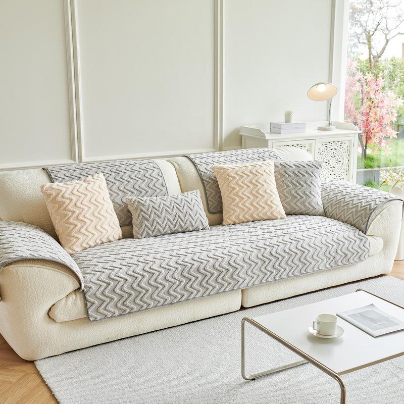 1PC Wave Pattern Plush Sofa Cushion Light Luxury Sofa Mat Towel Solid Color Anti-slip Couch Slipcover for Living Room Decor