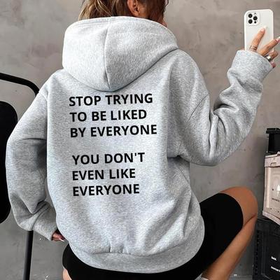 Women'S Fleece Shoulder Sleeve Sweater Slogan Letter Print Kangaroo Pocket Drawstring Print Hoodie
