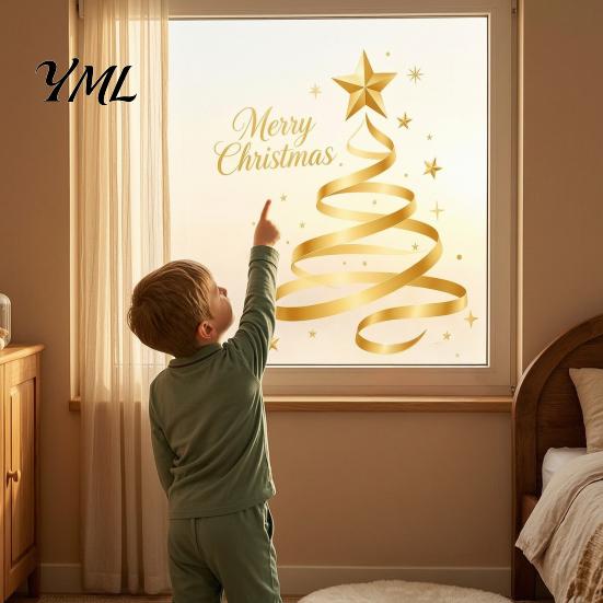 Seasonal Home Decoration Gold Ribbon Christmas Tree Static Cling Window Decal, Merry Glass Clings Sticker with Stars, Reusable Holiday Decor for Shop