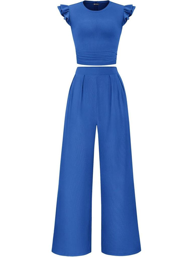 Women's 2026 Summer Solid Color Two-Piece Set with Ruffle Wide-Leg Pants