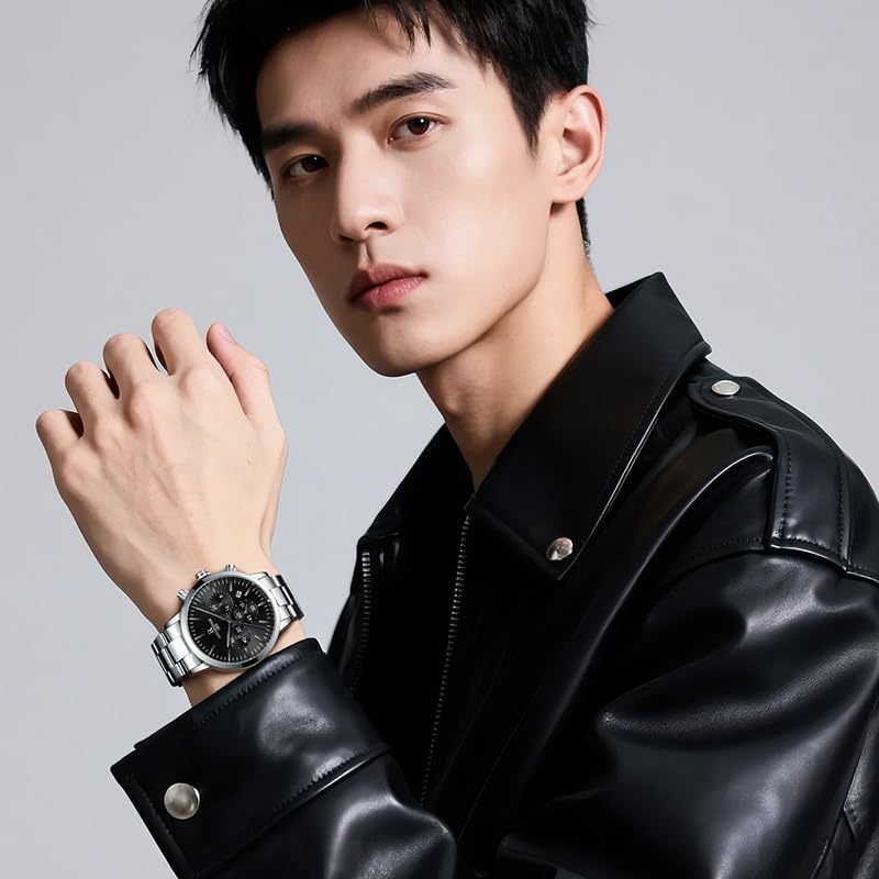 Men's Multi-Function Chronograph Watch with Stainless Steel Bracelet, 3 ATM Water Resistance, Date Display, Stylish and Simple Quartz Movement,