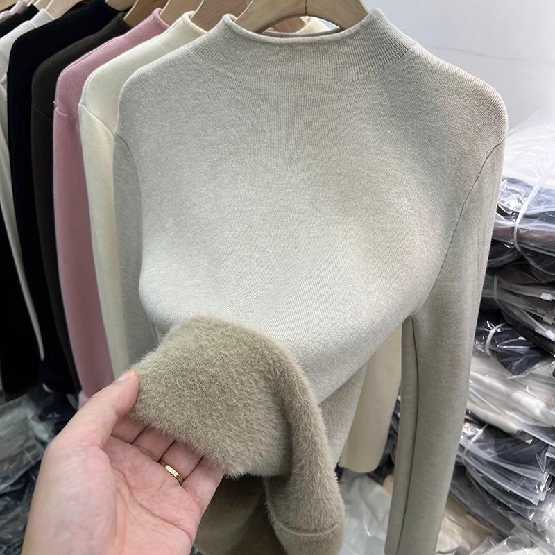 Thickened warm integrated fleece semi-turtleneck knitted sweater women's spring soft waxy inner bottoming shirt solid color top