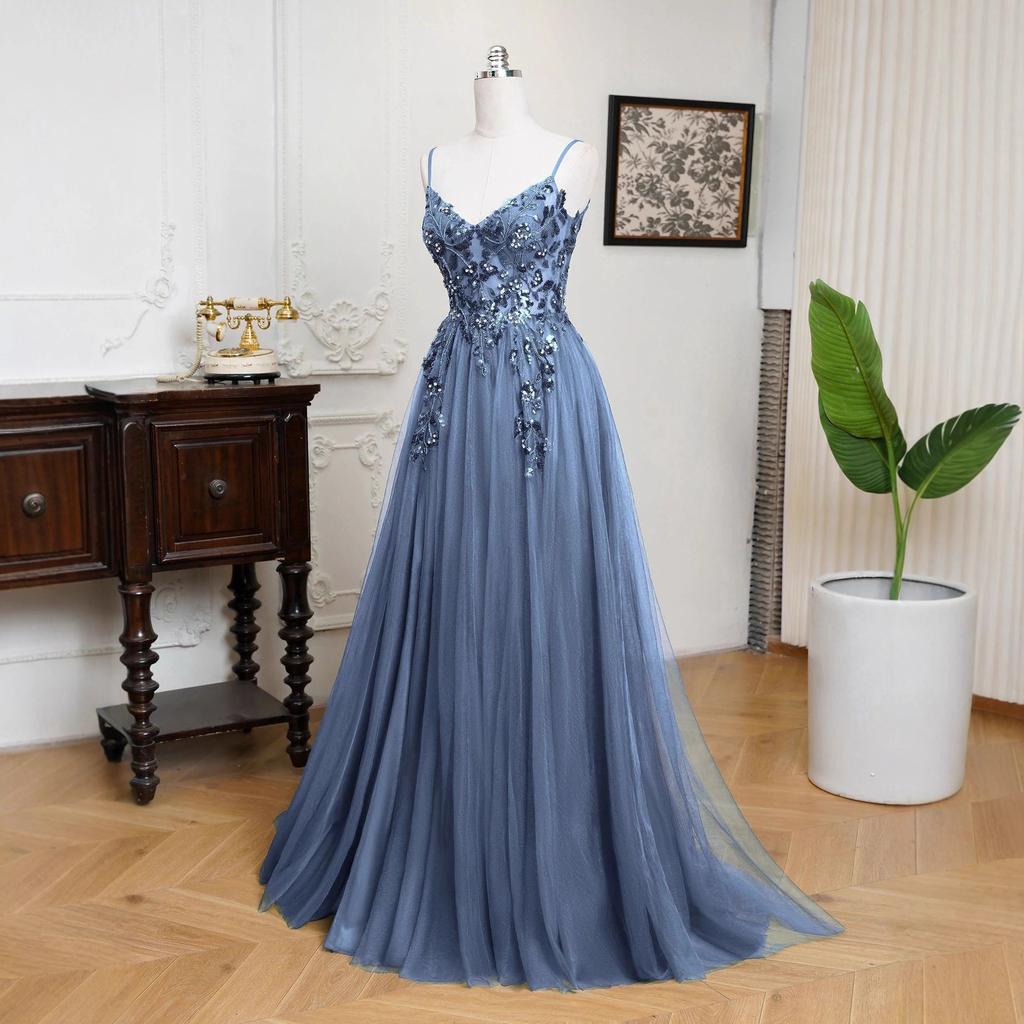 Gray Blue Suspender Evening Dress 1011 New Ball Party Dress French Lace Applique Puffy Gauze Skirt