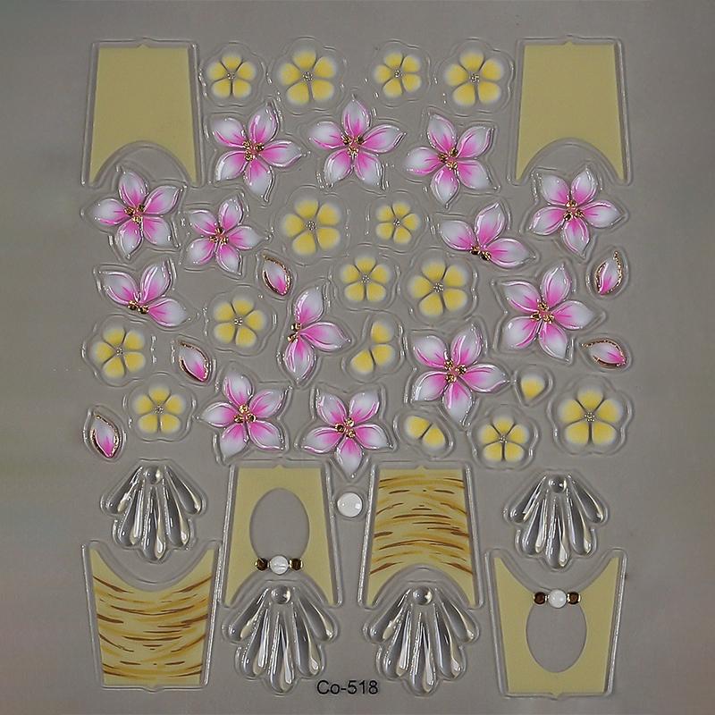 3D Embossed Floral Nail Art Stickers - Self-Adhesive Pink & Yellow Flower Decals for DIY Manicure