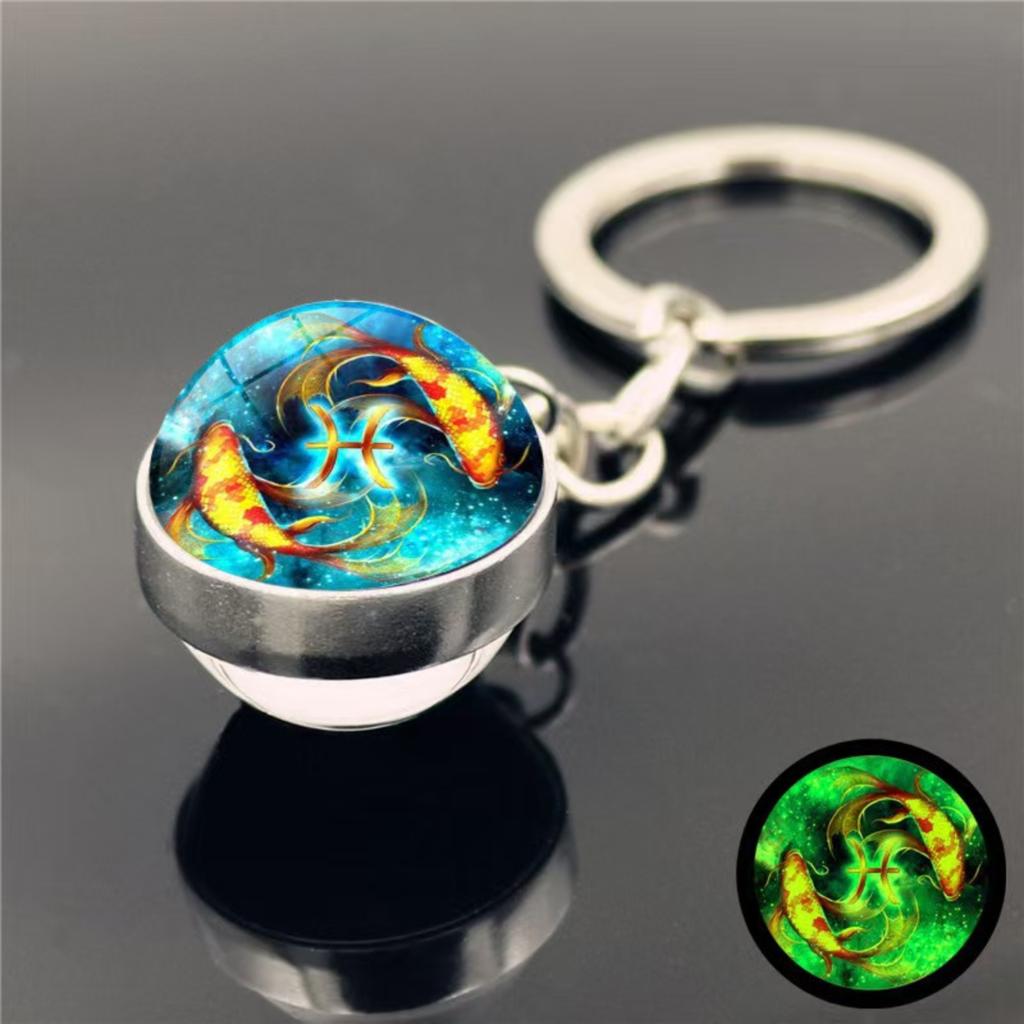 Schlüsselanhänger mit 12 Sternzeichen, im Dunkeln leuchtend, Taschenanhänger, Zeit-Edelstein, doppelseitiger Glaskugel-Schlüsselanhänger