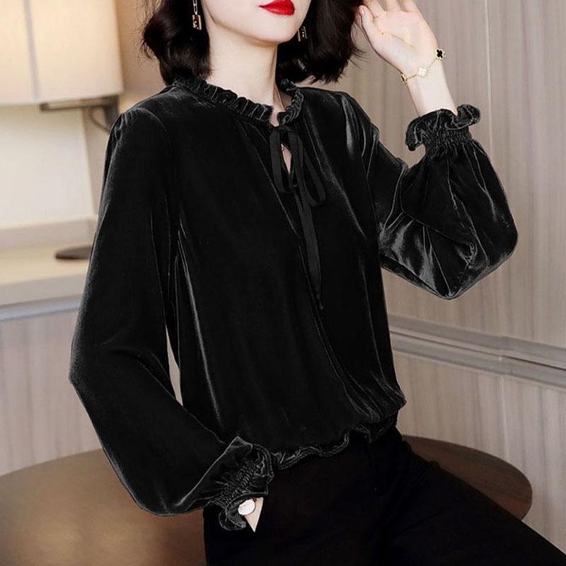 Blusa de terciopelo dorado para mujer primavera otoño Retro suelta de manga larga camisa pulóver Tops