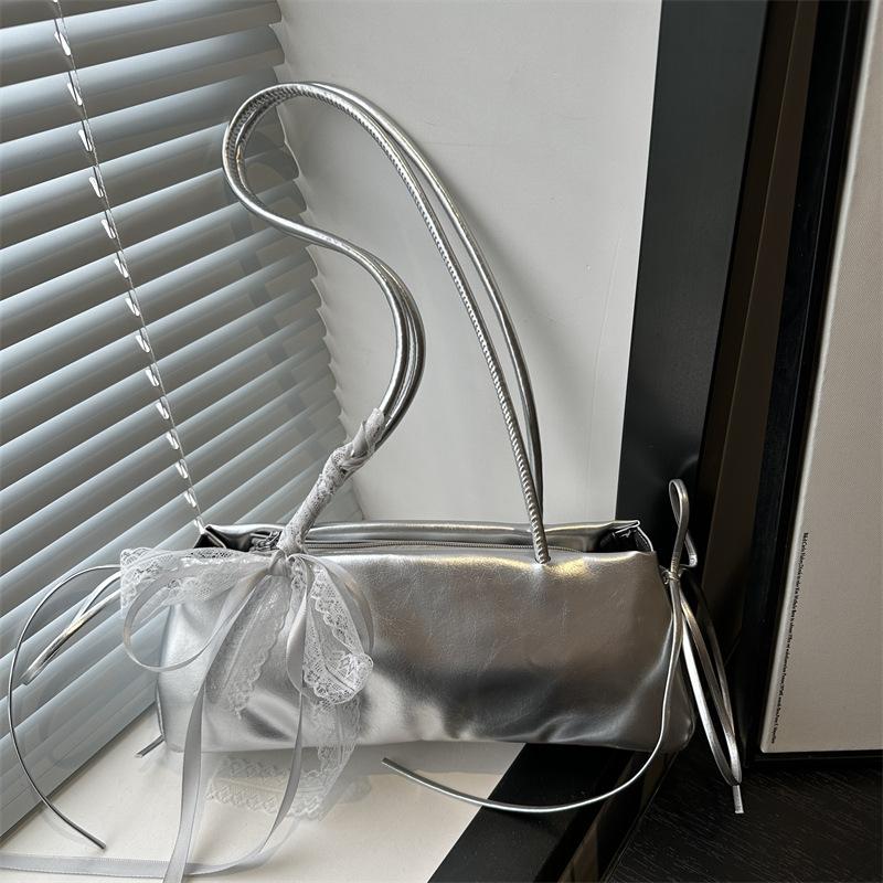 Fashi Bow Lace Ribbs Pu Shoulder Bags for Women Versatile Commuter Ladies Underarm Bag Solid Color Female Handbags Purse