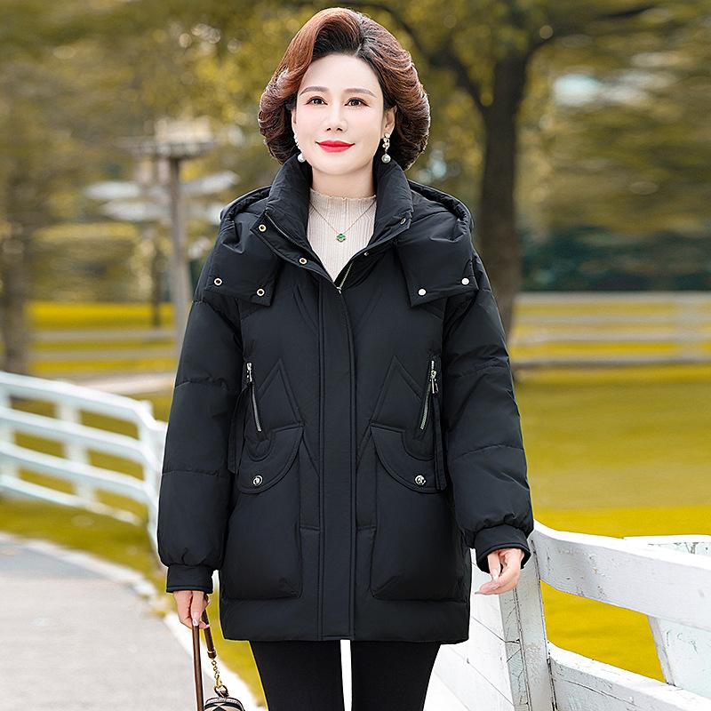 Down Jacket for Women Medium To Long Length Winter Thick and Warm Hooded Jacket for Middle-aged and Elderly Women