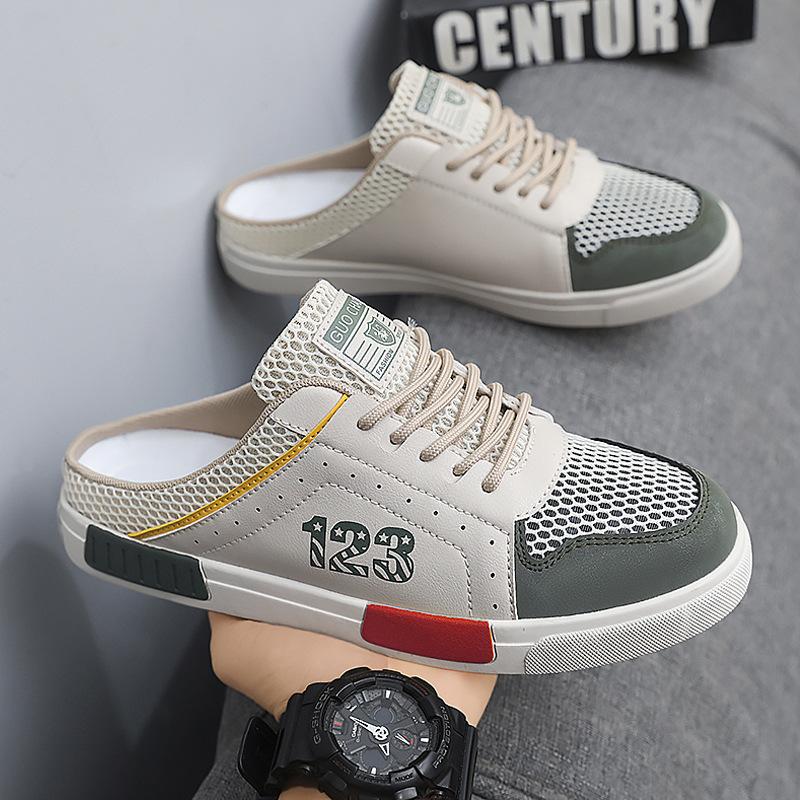 Half Slippers Men's Summer Breathable Hollow Mesh Lazy One Pedal Heelless Office Large Size Bag Head Slippers