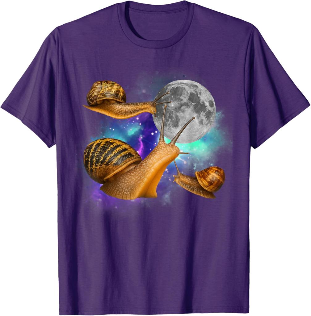 Three Snails Moon Galaxy Graphic Tee Funny Weird Mollusks Print Casual Short Sleeve T-Shirt For Men