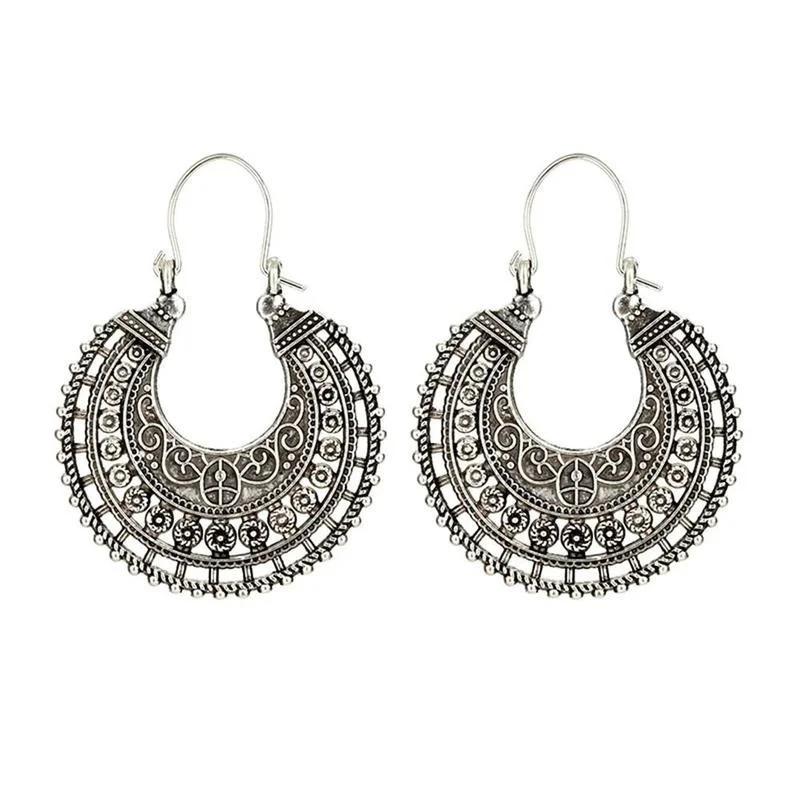 Hoop Earrings Ethnic Tribal Aztec Hippy Boho Dangle Silver Tibetan Fashion