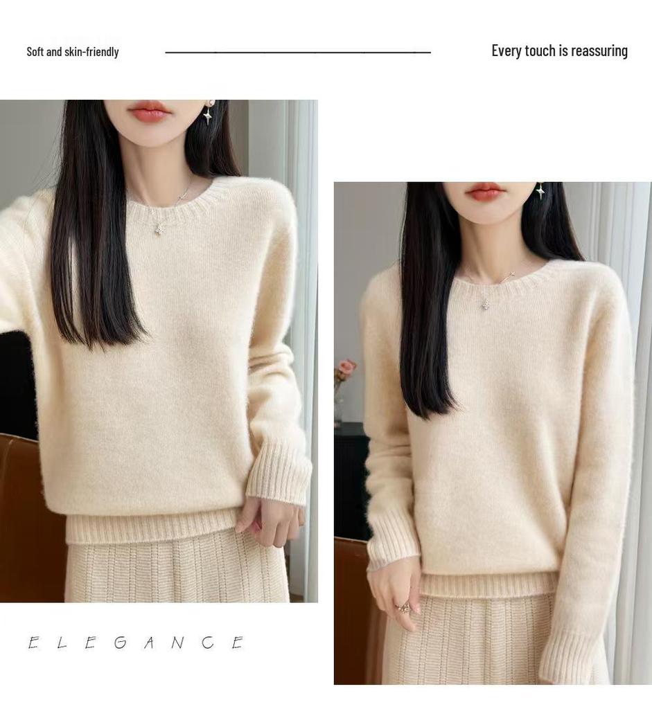 Women's 100% Pure Wool Round Neck Long Sleeve Sweater - Autumn/Winter Casual Loose Fit, Warm and Soft Base Layer.