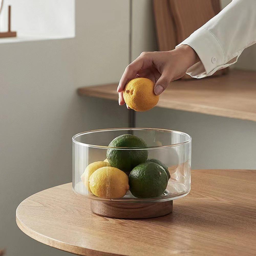 Wood Base Glass Fruit Bowl Transparent Glass Snack Storage Bowl Creative Salad Bowl Party