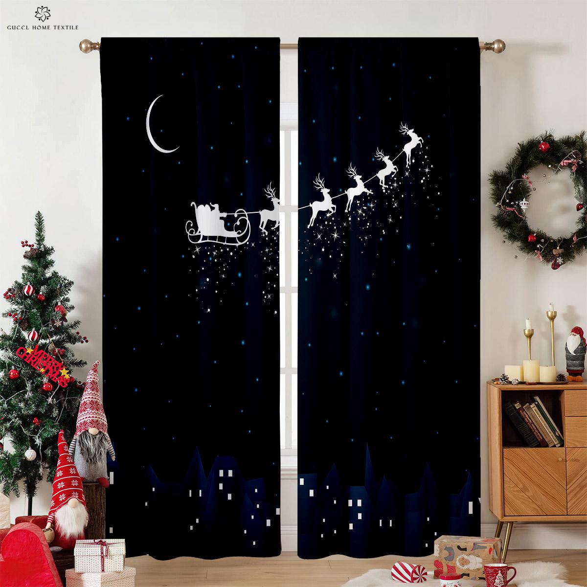 

Set Of 2 Merry Christmas Window Curtain Suitable Bedroom Living Room Outdoor Decoration Can Be Curtains Made Polyester Area Treatment W100*H130(CM)-Hooks&2PCS