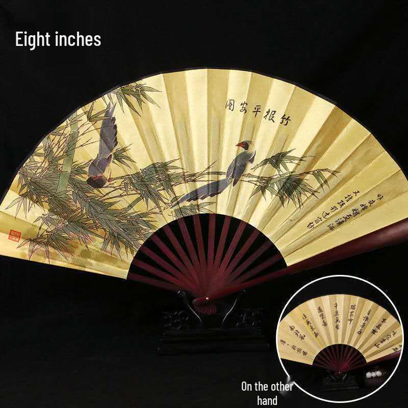 Traditional Chinese Silk Bamboo Folding Fan with Ink Landscape