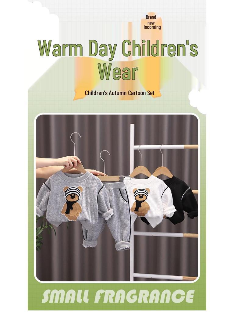 Korean Kids' Autumn Bear Sweatshirt & Sweatpants Set – Cartoon Two-Piece Long Sleeve Outfit