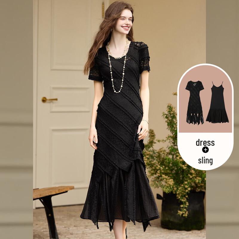 Women s Slim Fit Short Sleeve Dress & Camisole Two-Piece Set L