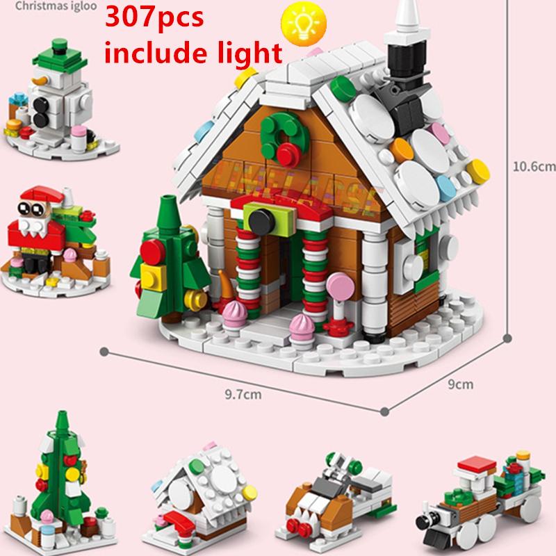 DIY Lights Christmas Tree Music Box Pink Gifts Train Elk Santa Claus Architecture Xmas Building Blocks Bricks Kits Toys