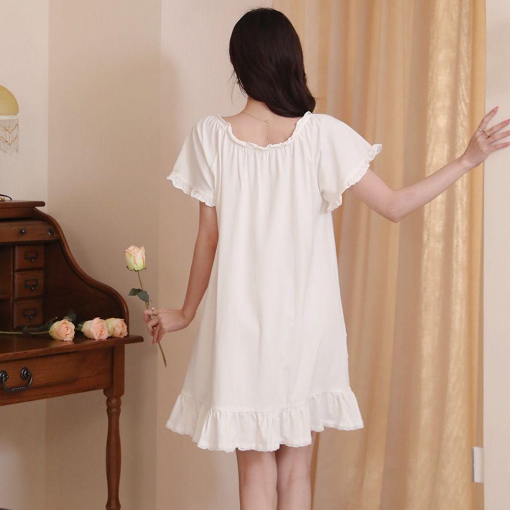 Loose Ruffle Nightdress Short Sleeve Princess Nightgown Sweet Women's Pajama Dress  Girls