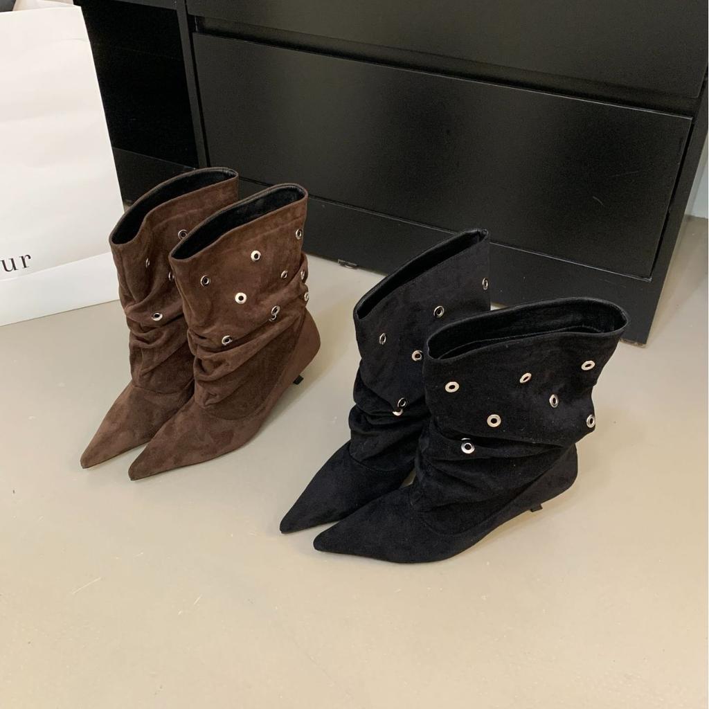 European and American fashion punk style riveted high-heeled short boots Spice Girls 2025 autumn and winter short tube pointed thin heel pleated p