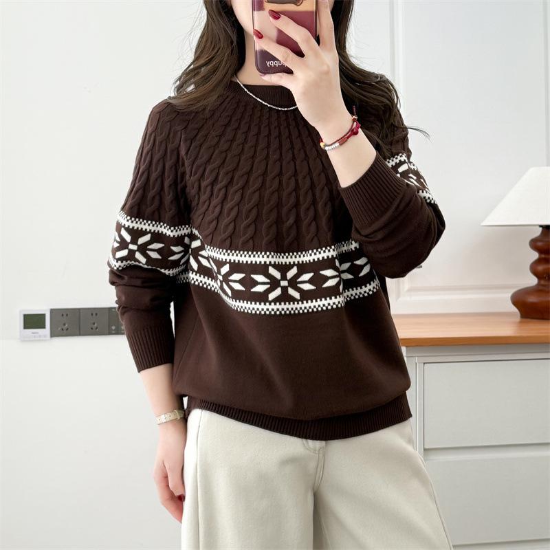 2026 Spring Plus Size Women's Jacquard Cable Knit Sweater, Round Neck, Long Sleeve, Year of the Rat New Year Outfit.
