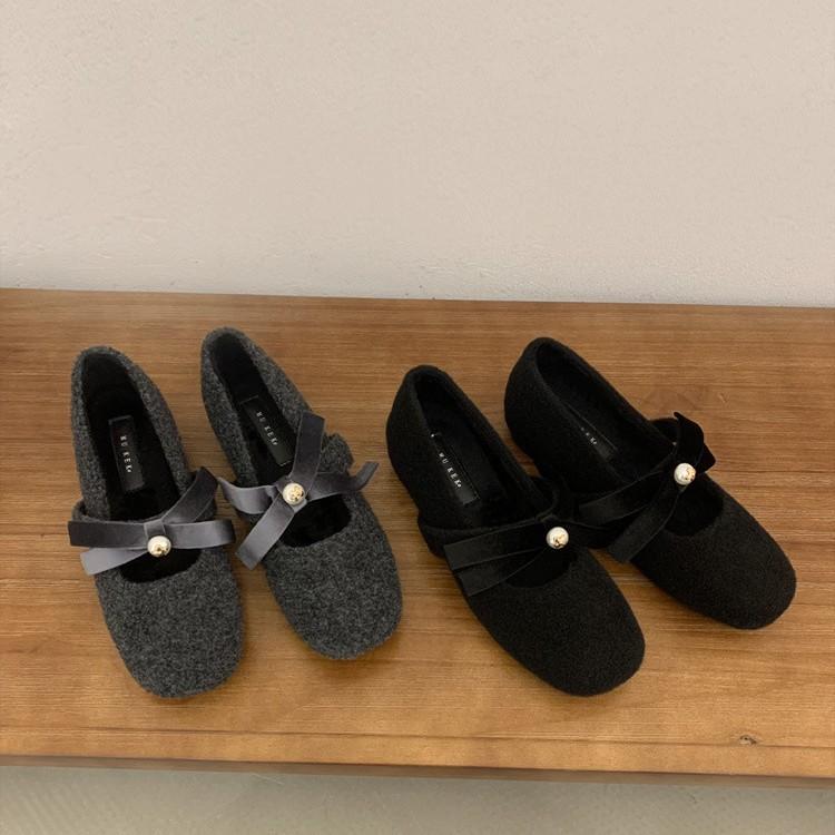 Fan Gui ~ zarter kleiner Duft von Mary Jane Schuhen Winter Retro Innenhöhe 4CM Schleife Perle Einzelner Schuh Frau