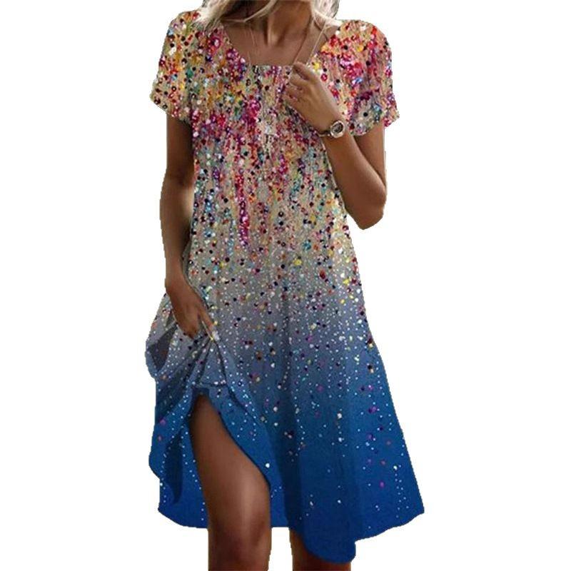 Letnia Sukienka Damska w Stylu Vintage, Boho, Etnicznym - Oversize z Okrągłym Dekoltem, Długość Midi, Oddychająca, Luźna Sukienka