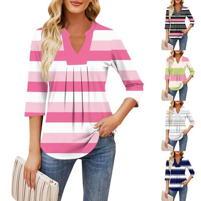 Damen Siebenviertelärmel Lässiges V-Ausschnitt Brust Rüschendruck Lose T-Shirt Tops