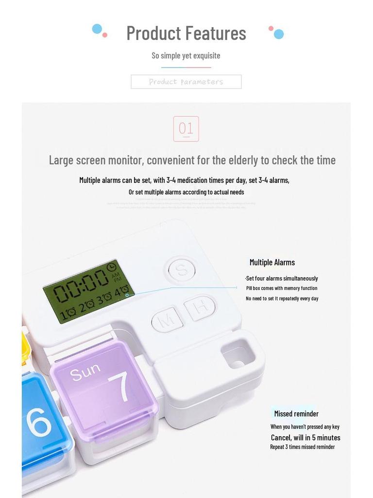 Square Plastic Pill Box with Timer - 7 Compartment Weekly Organizer & Electronic Reminder, Portable Dispenser