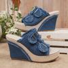New large-size slope heel denim belt buckle one-pedal cool slippers spring and summer outer thick-soled slippers