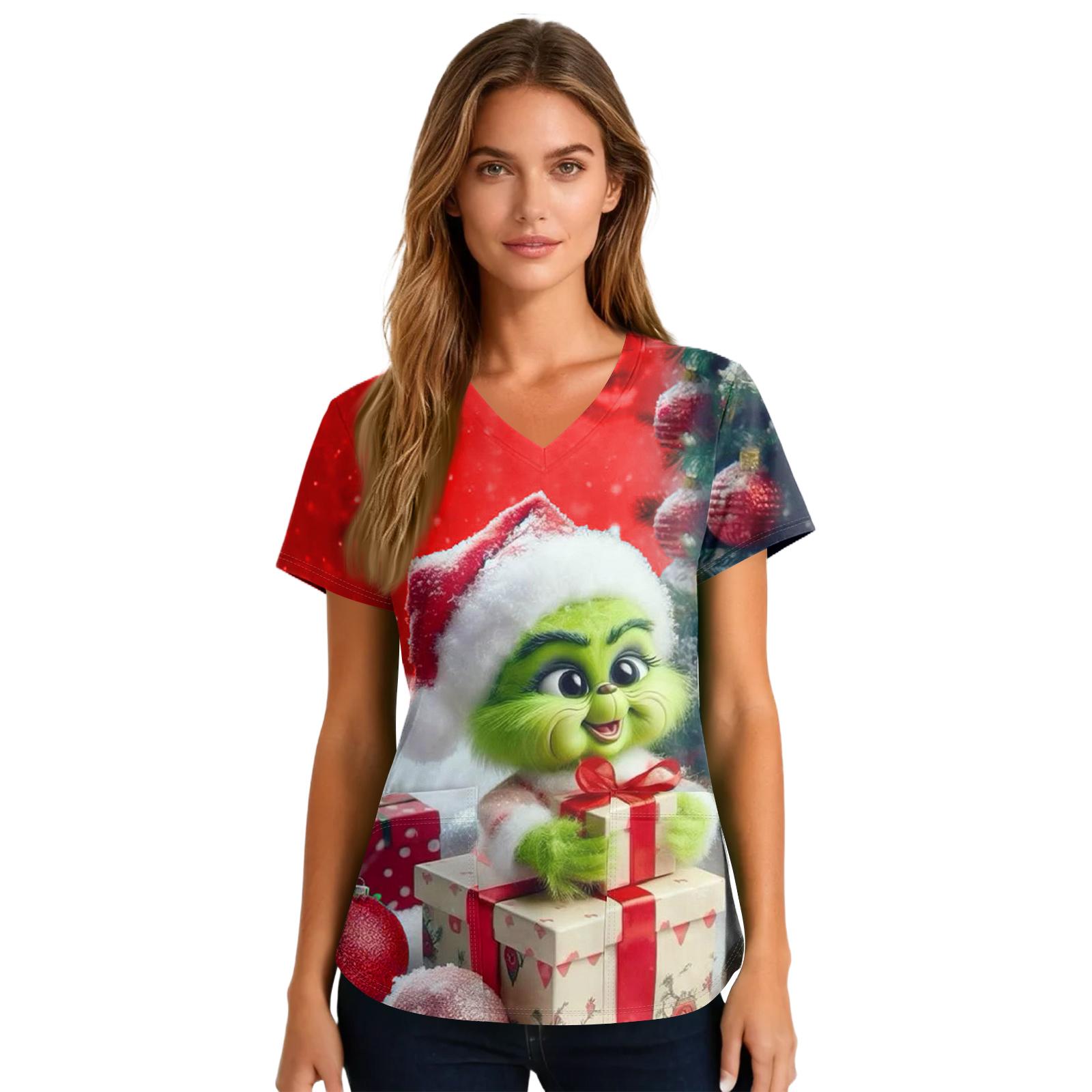 

Women s Cute Printed Work Clothes V-neck Double Layer Pockets Basic Short Sleeve Top Pullover Valentines XXXXXL