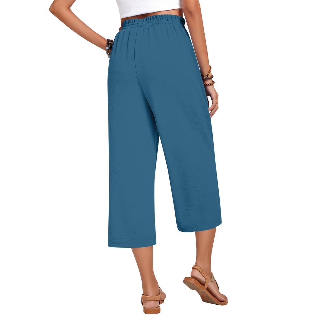 Women's High Waist Wide Leg Pants with Drawstring Elastic Waist in Multiple Colors