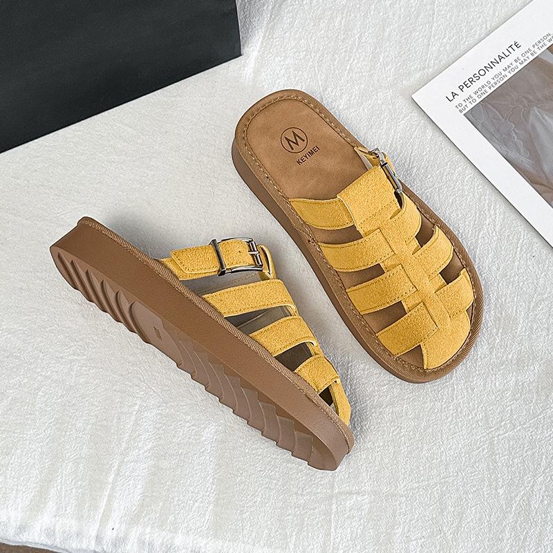 

911-5 Тканые полутапочки Baotou в виде свиной клетки женские 2025 летние новые корейские версии плоская подошва верхняя одежда повседневные классные тапочки женские 40 жёлтый