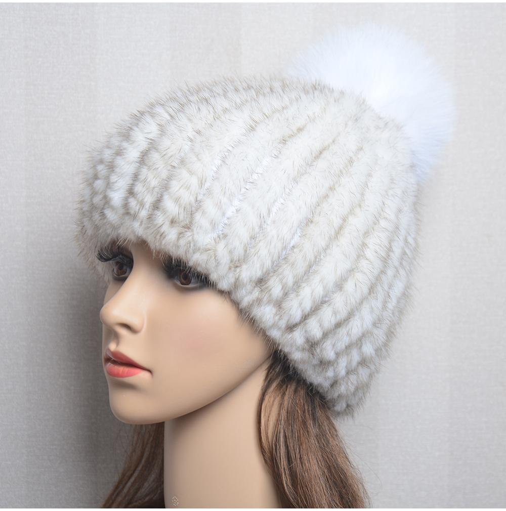 Winter Women Natural Mink Fur Hat Hand Knitted Warm 100% Genuine Mink Fur Cap Russia Lady Real Mink Fur And Fox Fur Pompoms Hats