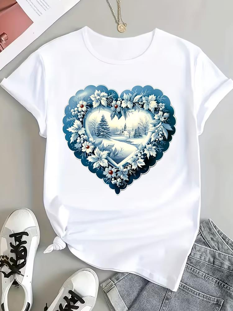(Asian Size) Peace Trend Christmas Clothing T Shirt Tee Top Festival New Year Women Fashion Print Female Woman Short Sleeve Graphic T-shirts