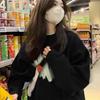 Ladies Pattern Print Black Retro Sweatshirt for Women O-neck Long Sleeve Loose Casual Fleece Pullover Hoodie Top