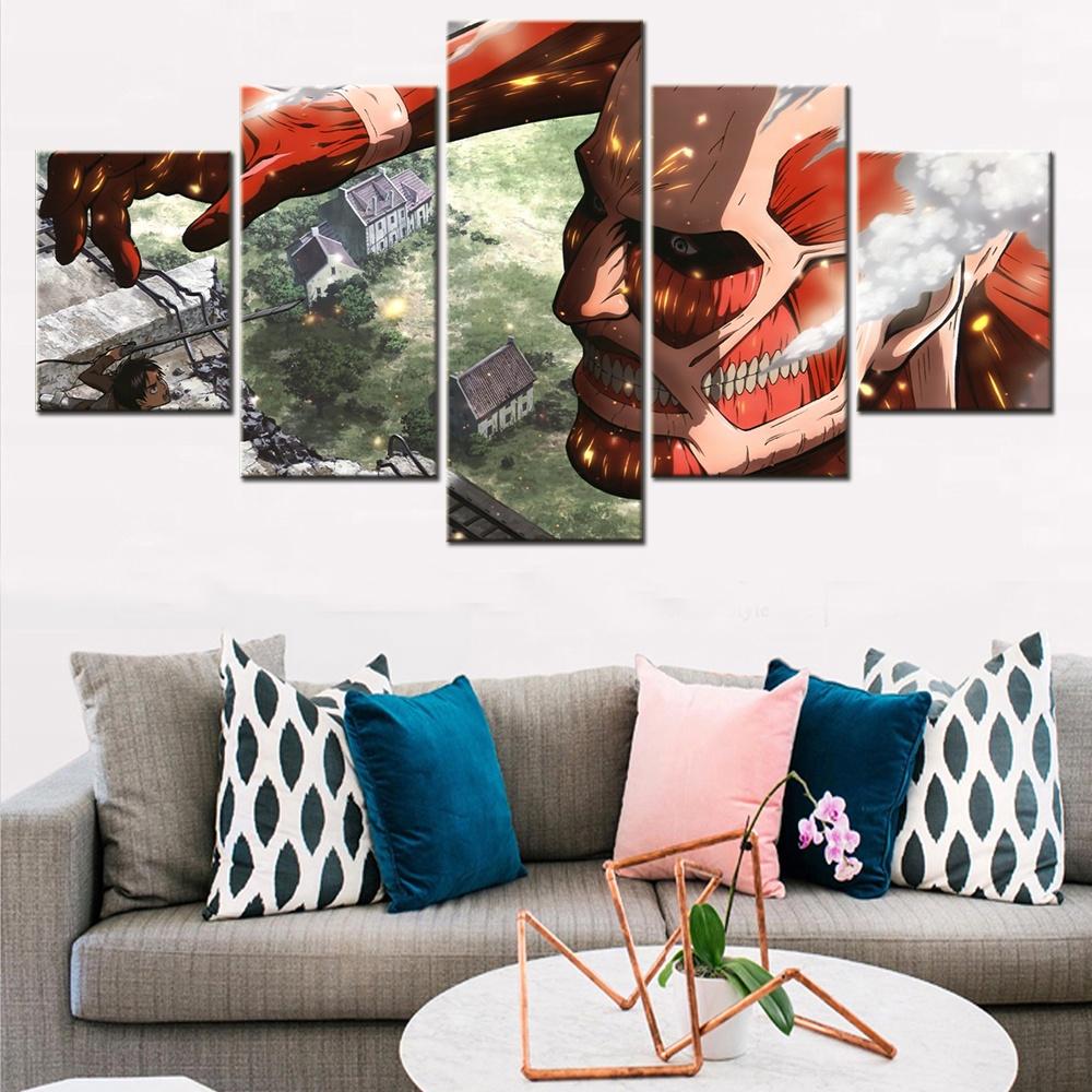 5 Pieces Canvas Wall Arts Anime Poster Painting Attack On Titan Wallpaper Home Decor Modular Picture Print Living Room Mural