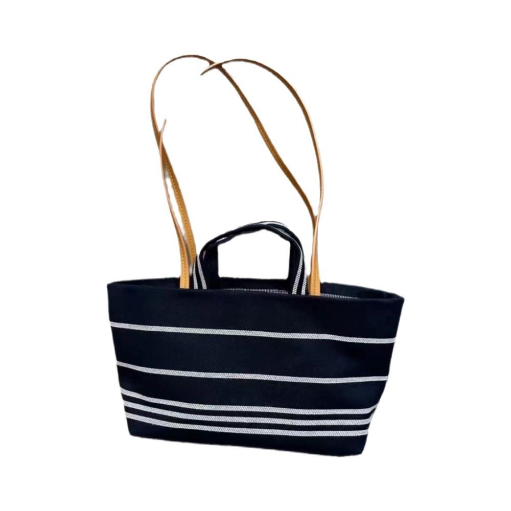 Medieval striped casual tote bag commuter bag versatile canvas bag contrasting color PU simple large-capacity denim bag tide