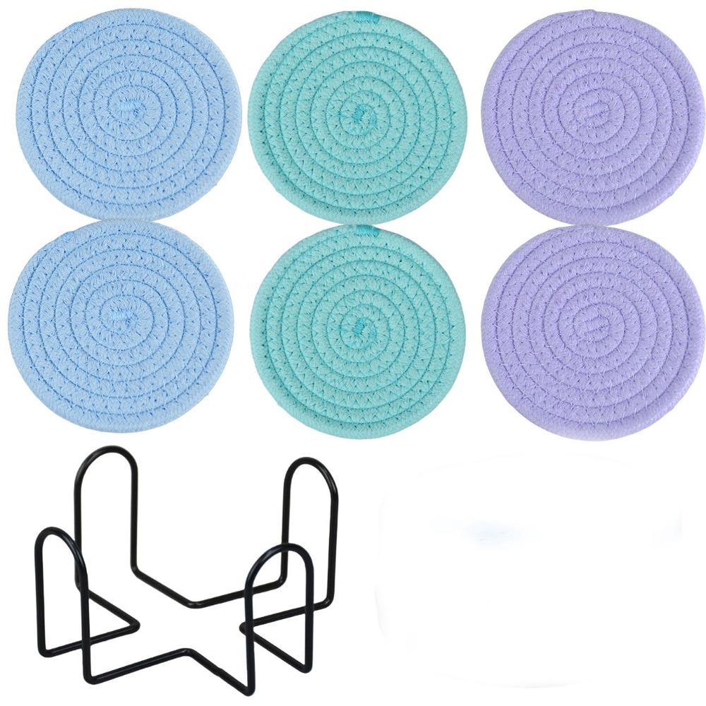 6Pcs Heat-resistant Woven Round  Coaster Set with Holder Tableware Mat Cup Coaster  Household