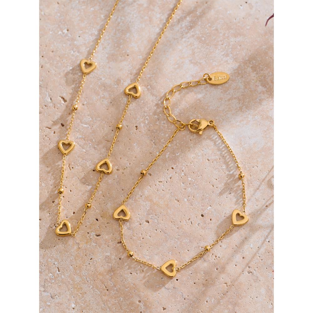 Yhpup Charm Stainless Steel Heart Love Chain Necklace Bracelet Bangle Water Resistant Chic Popular Romantic Korean Jewelry Gift