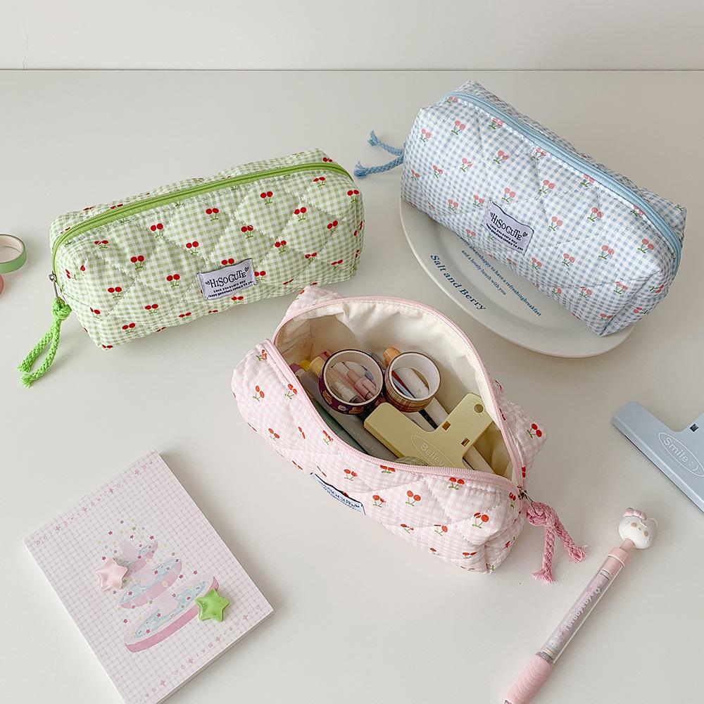 Korean Cherry Plaid Stationery & Pencil Case – High-Value Portable Journal & Desktop Storage Bag for Students