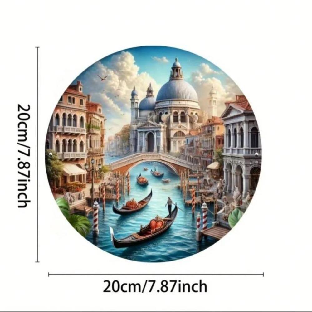 Metal Wall Art Gothic Venice Landscape Round Sign Water Reflection