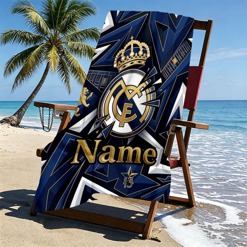 Custom Name Personalized Real Madrid CF Print Beach Towel, for Trip Camping Beach Party Home Decor, Birthday Gift for Family & Friends