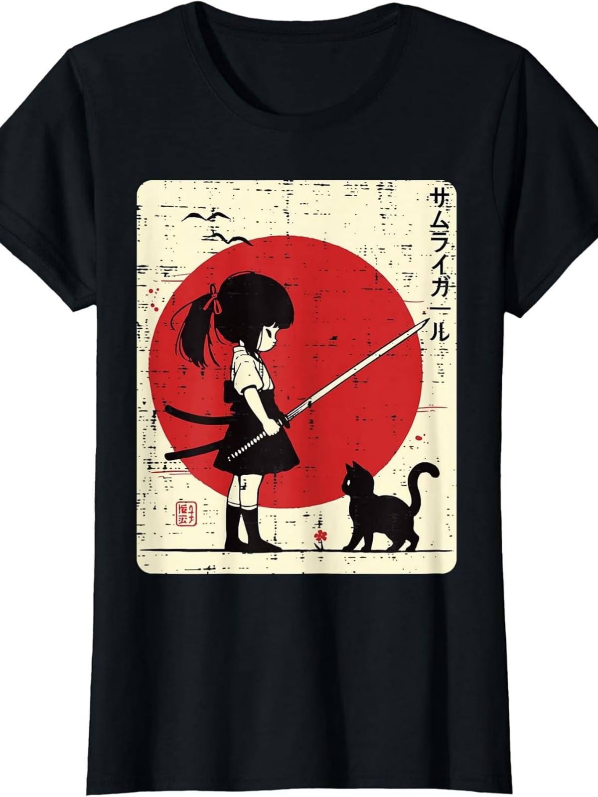 Japanese Samurai Girl Black Cat Kawaii Anime T-Shirt | 2025 Summer Short-Sleeved S