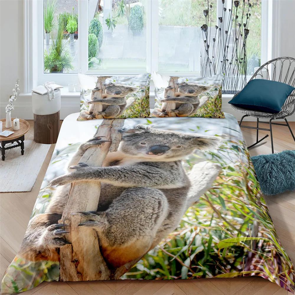 Koala-Bettwäsche-Set für Kinder, niedliches Tiermuster, Jungen und Mädchen, Regenbogen-Schmetterlings-Bettbezug, Blumenmuster