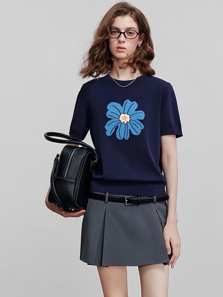 

Summer 100% Lyocell Women s T-shirt Casual Knitted Pullover Short Sleeve Loose Round Neck T-shirt Fashion Embroidered Top M
