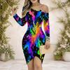 Women Plus Size Cold Shoulder Chain Strap Long Sleeve Colorful Printed Asymmetrical Bodycon Dress
