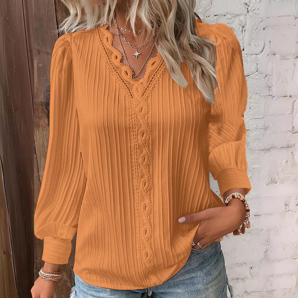 Elegant Hollow Lace Patchwork Women Shirt Chic Long Sleeved V-neck Design Fashion Shirt Plain Lace Casual Basic Regular Tops