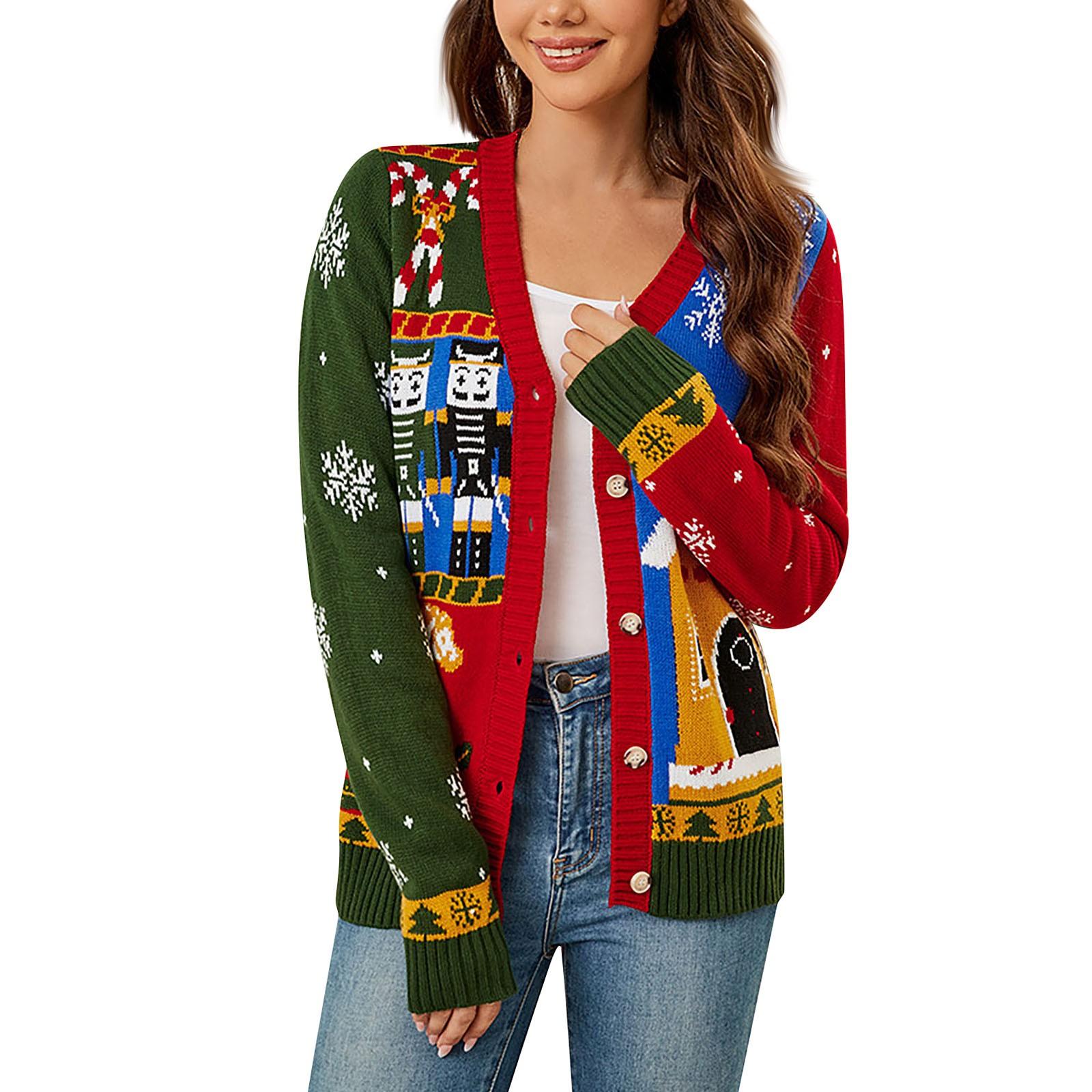Women s Fashion And Winter Long Sleeve Knitted Jacket Christmas Cardigan Sweater Contrast Christmas Sweater XL
