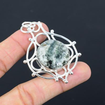 Sterling Silver Tree Agate Stone Mother Engagement Anniversary Pendant Jewelry